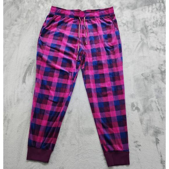 Nautica Pants Womens L Pink Purple Blue Plaid Fleece Jogger Drawstring Lounge - Picture 1 of 11